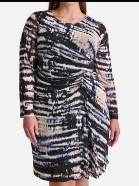 DKNY Black, Blue and Cream Abstract Twist-Detail Long Sleeve Dress